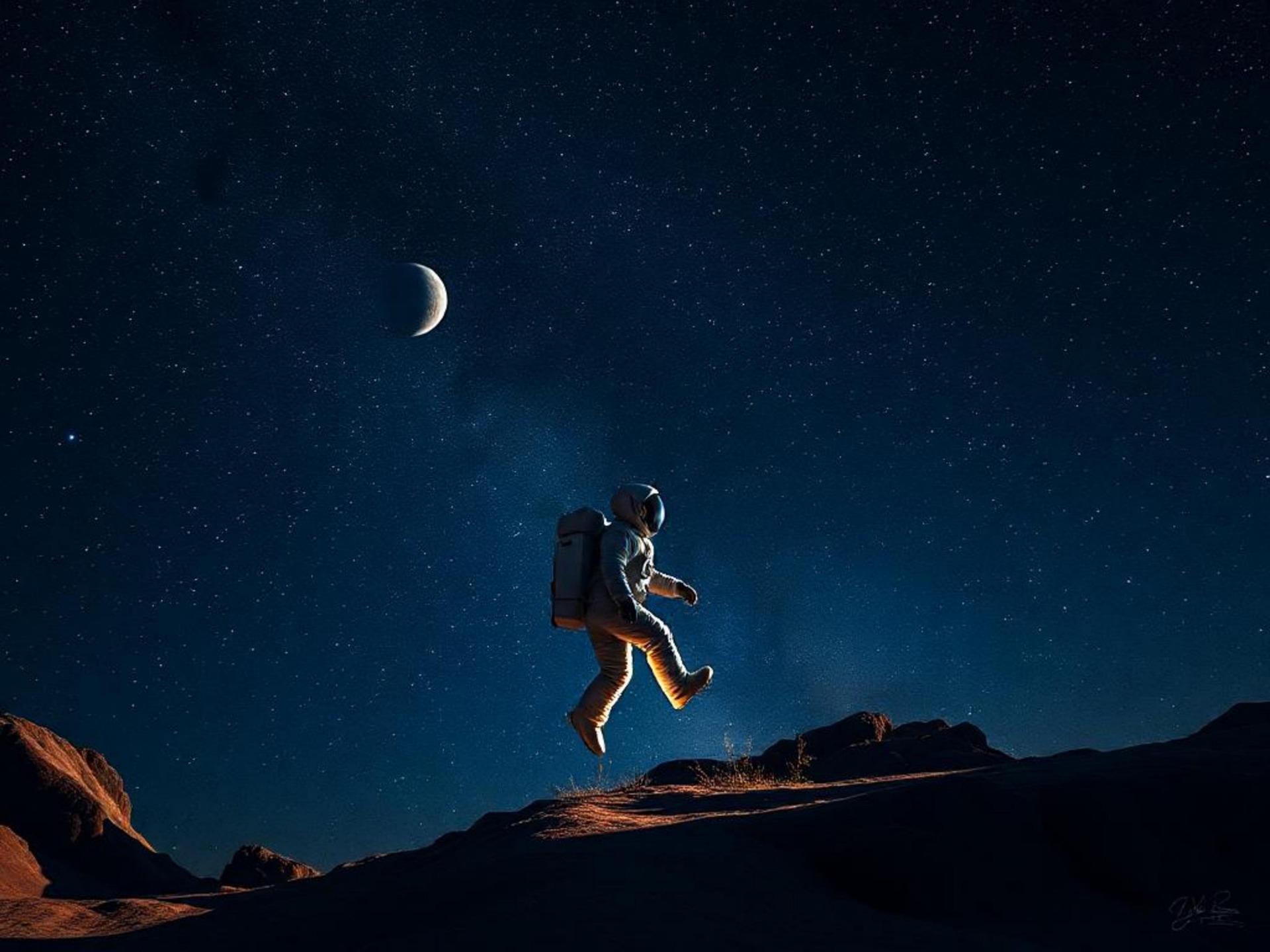 Astronaut leaping from desert landscape under crescent moon, symbolizing Saudi Arabia's leap into space through NEOM and Neo Space Group