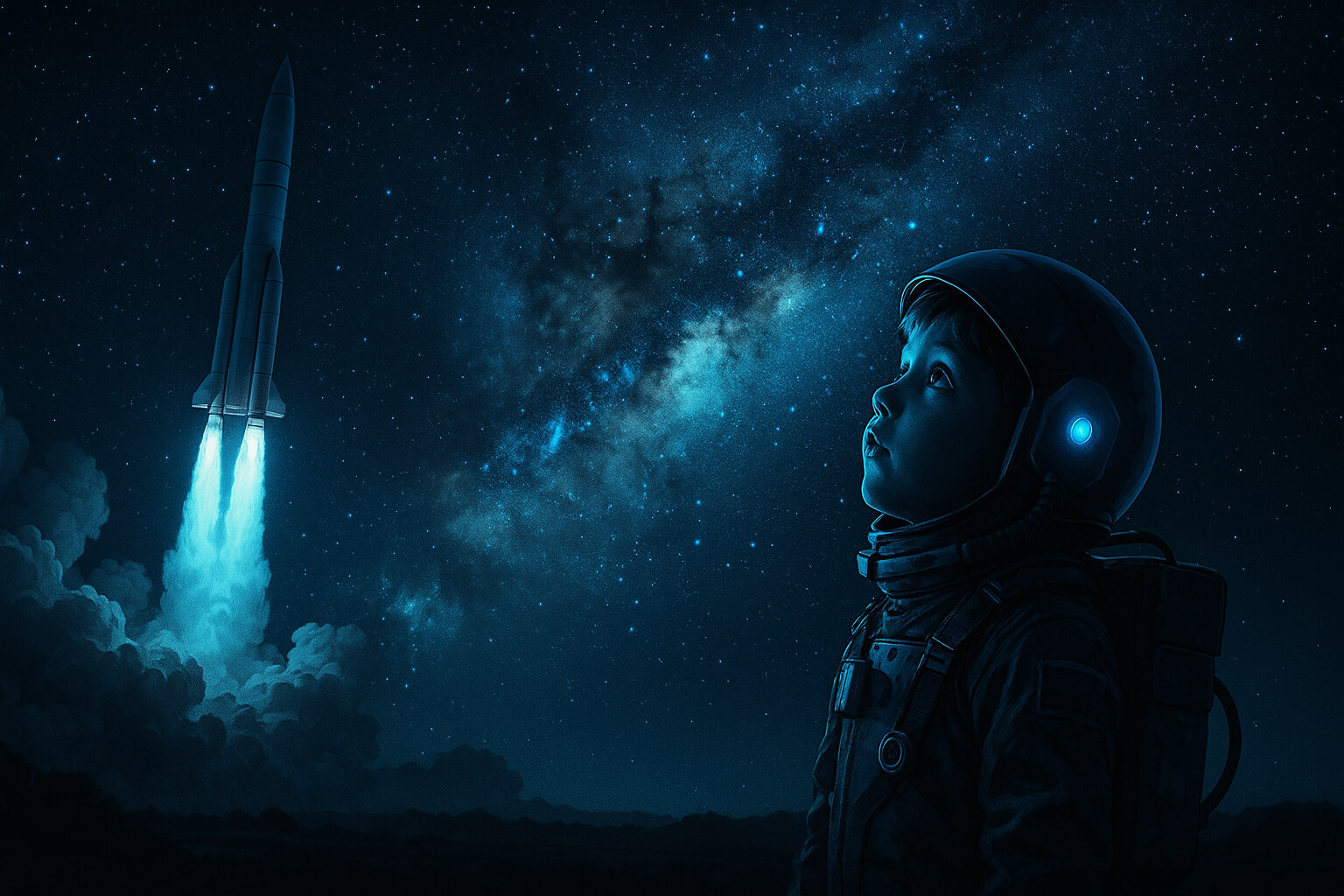 Child in astronaut suit gazing at rocket launch under neon-lit night sky, symbolizing future space dreams