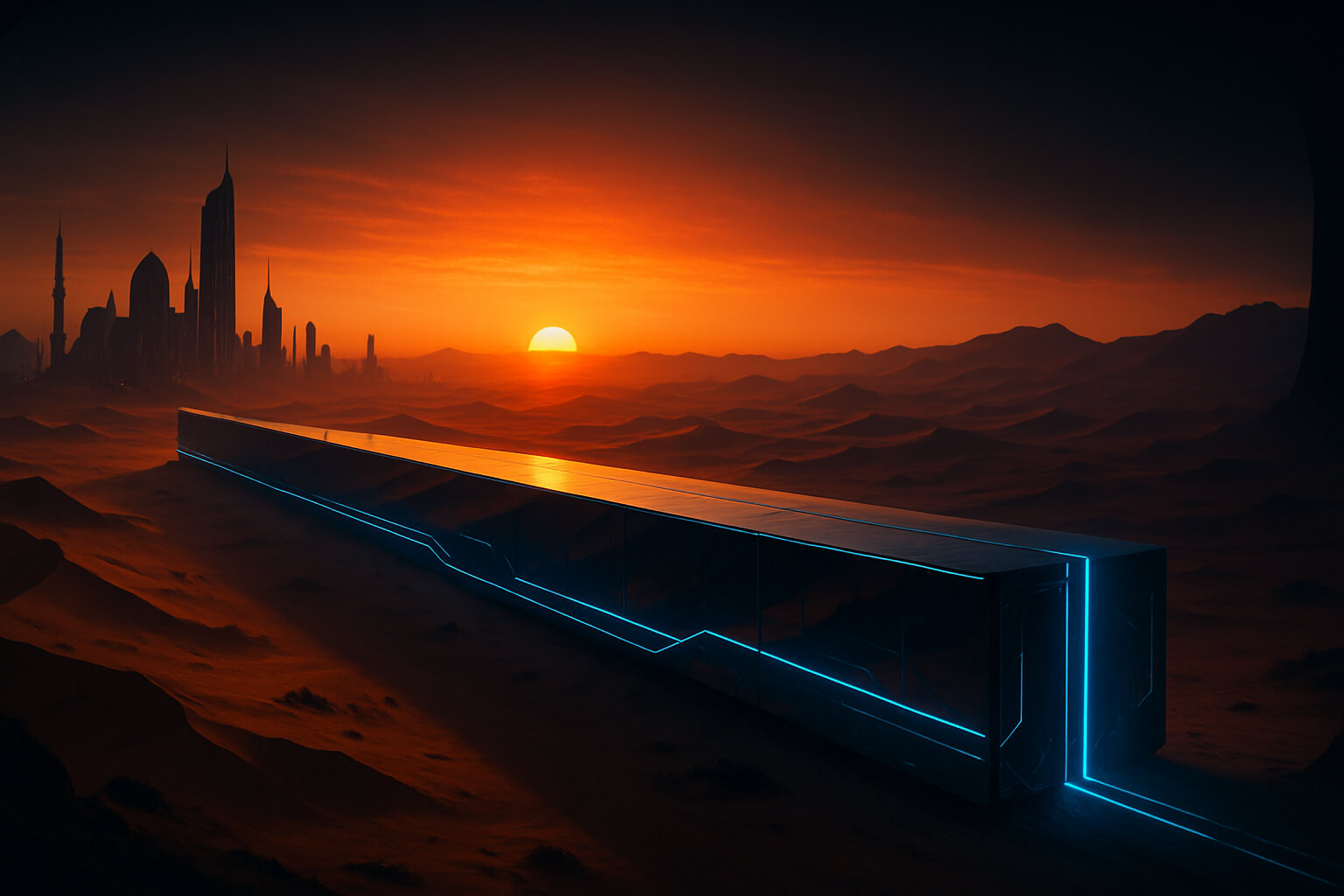 Futuristic desert cityscape inspired by NEOM with neon blue highlights and sunrise