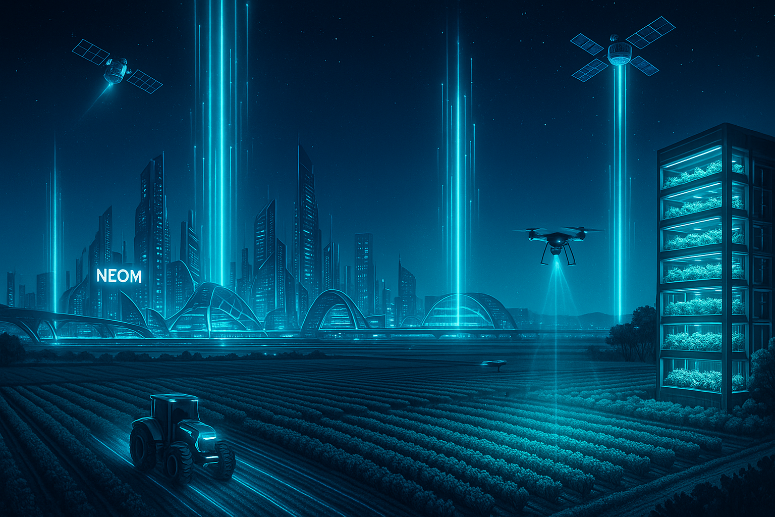 Conceptual illustration of NEOM transmitting data to satellites in orbit, which then relay signals back down to smart agriculture zones, highlighting connectivity and digital integration.