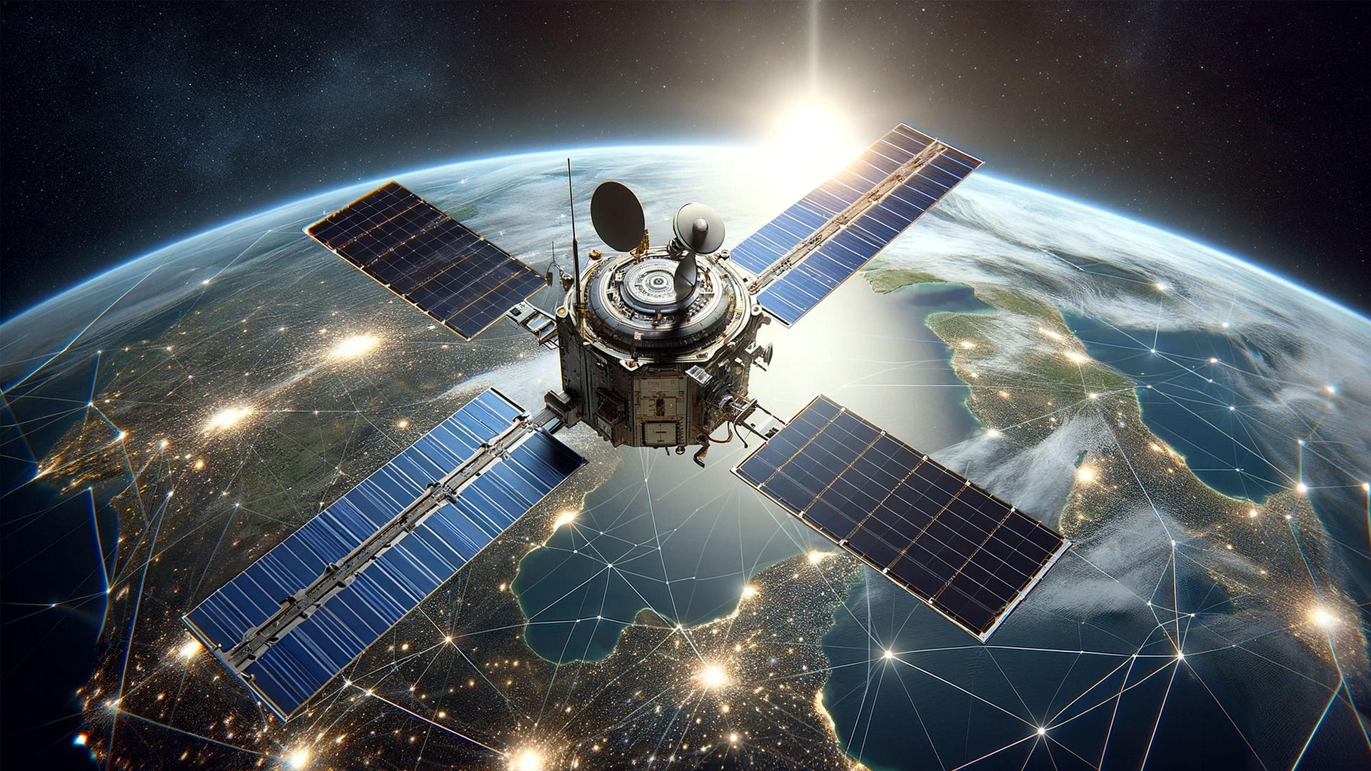 Satellite orbiting Earth, enabling global connectivity for NEOM’s smart city and satellite networks.